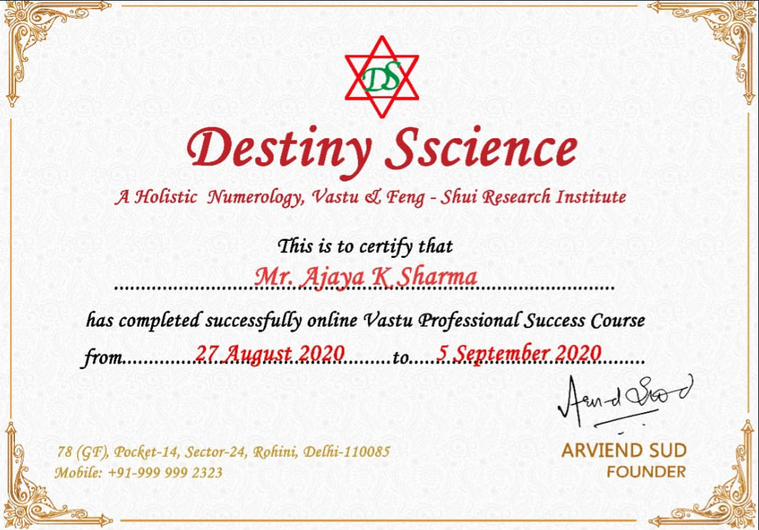 Certificate Of Vastu Course
